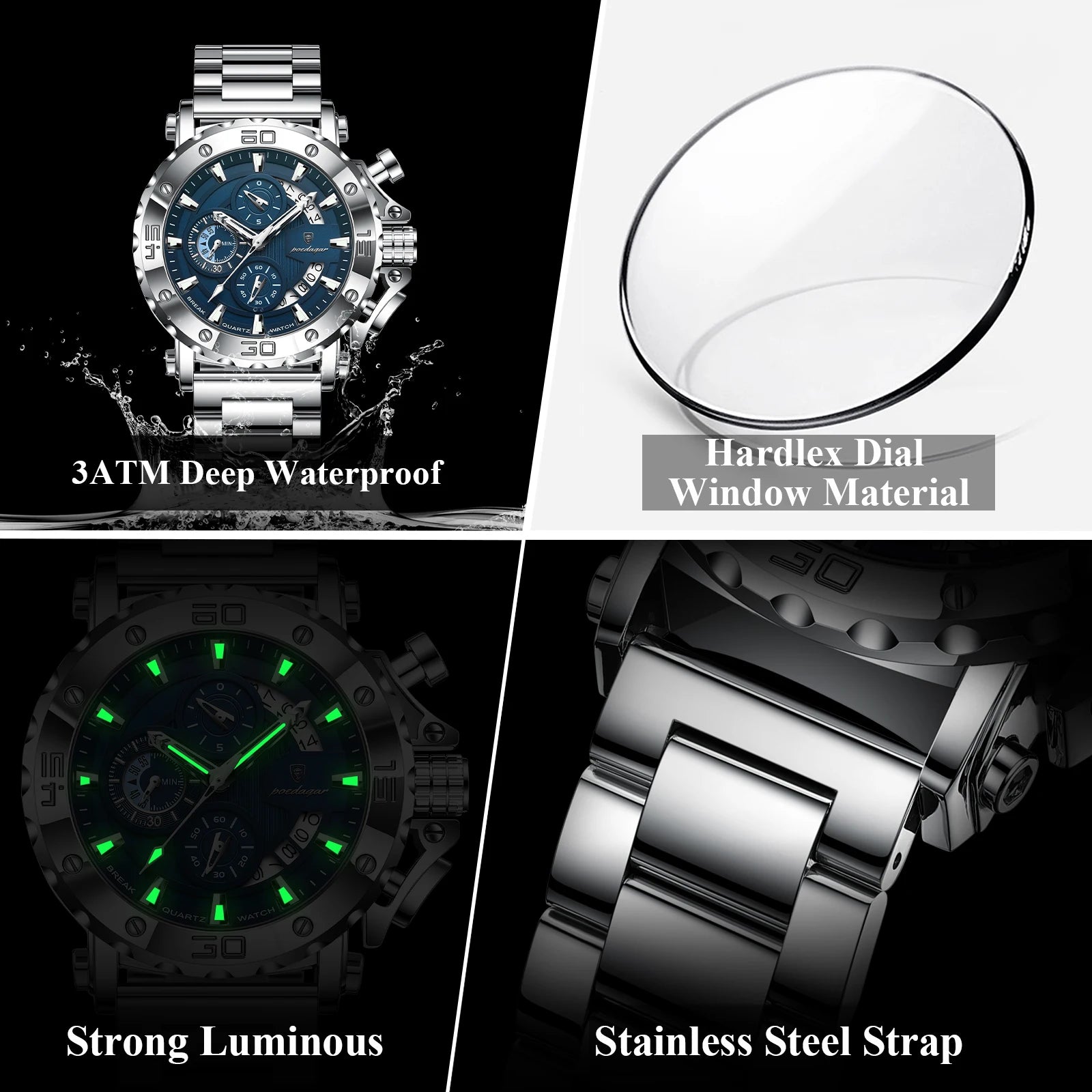 POEDAGAR 892 – Sport Chronograph Stainless Steel Watch