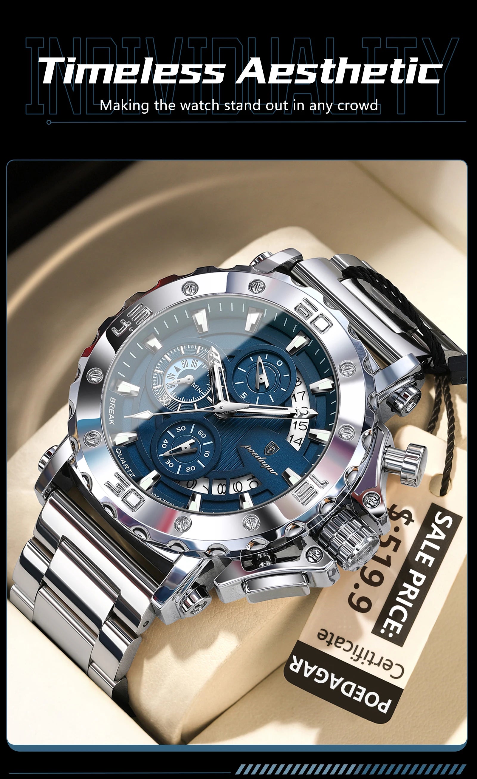 POEDAGAR 892 – Sport Chronograph Stainless Steel Watch