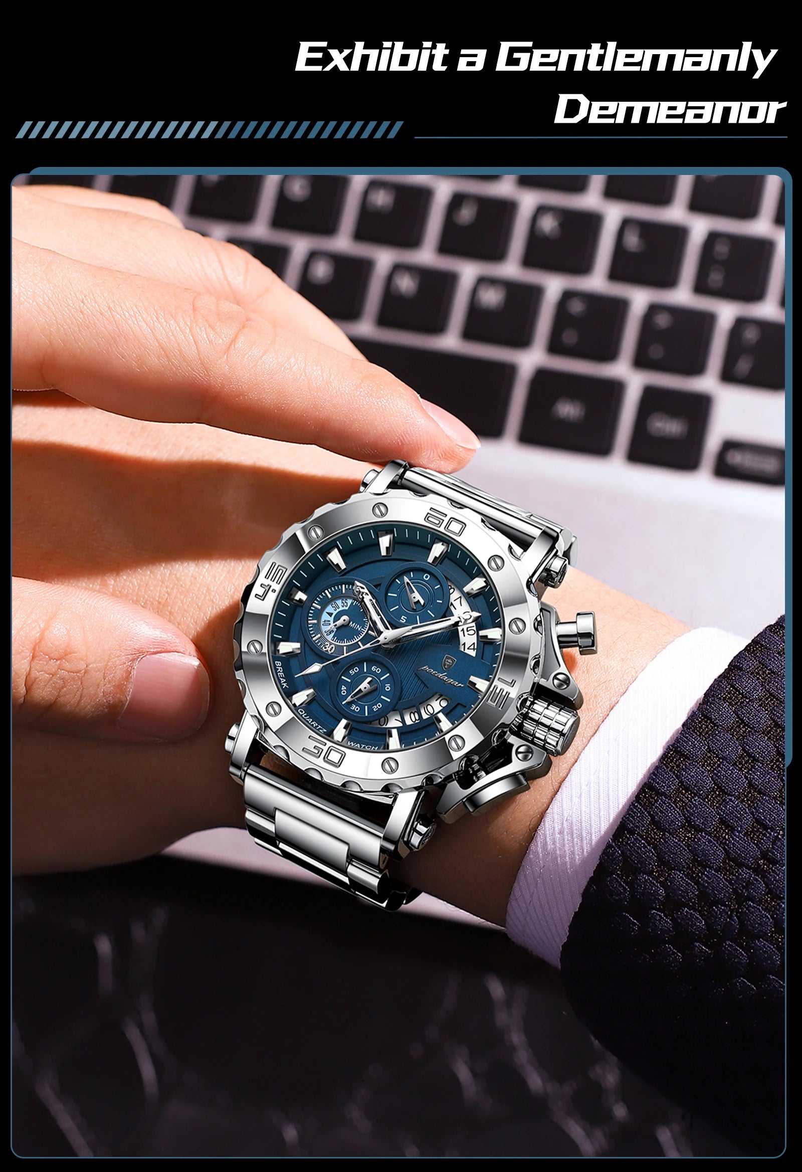 POEDAGAR 892 – Sport Chronograph Stainless Steel Watch