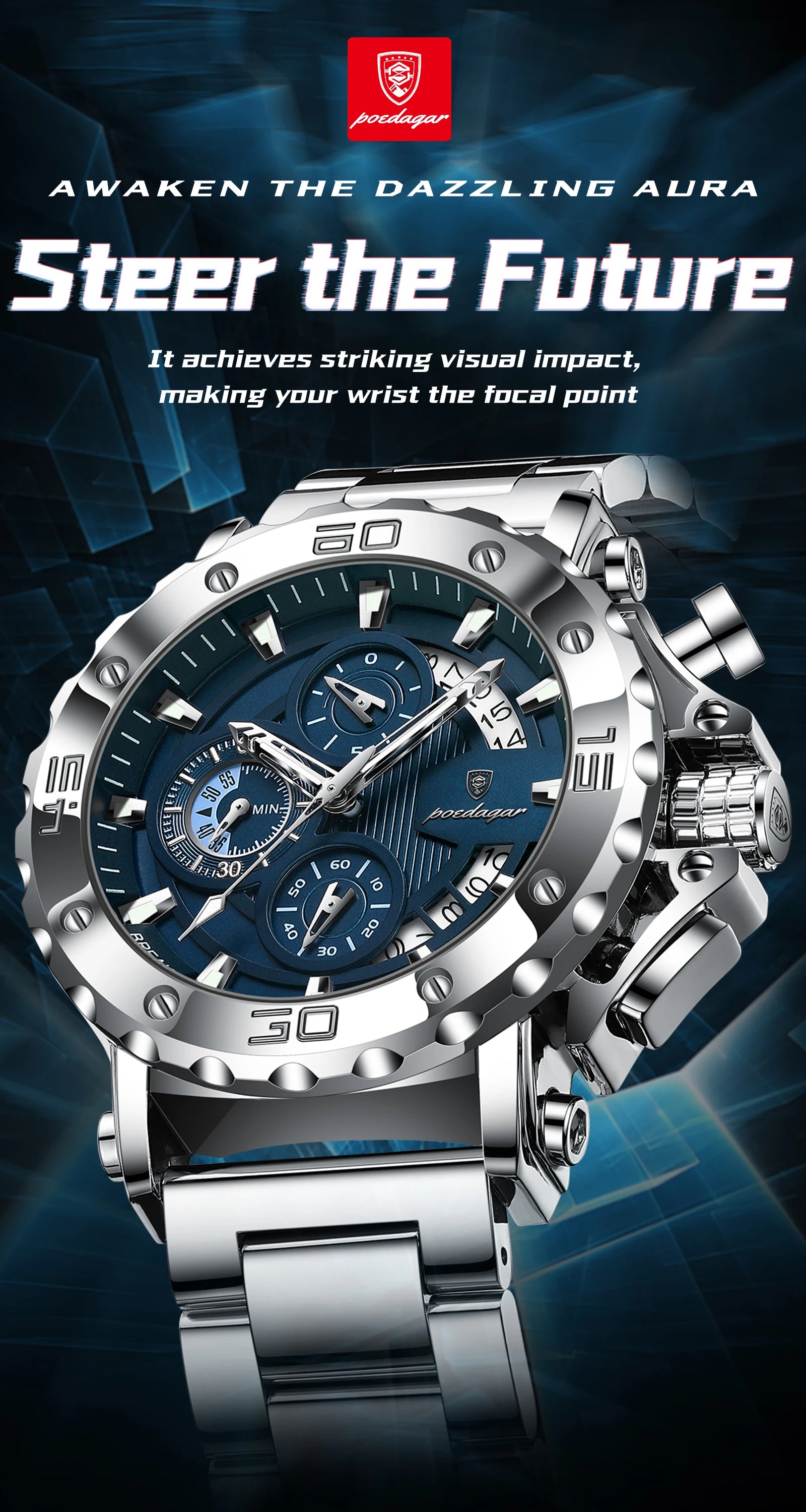 POEDAGAR 892 – Sport Chronograph Stainless Steel Watch
