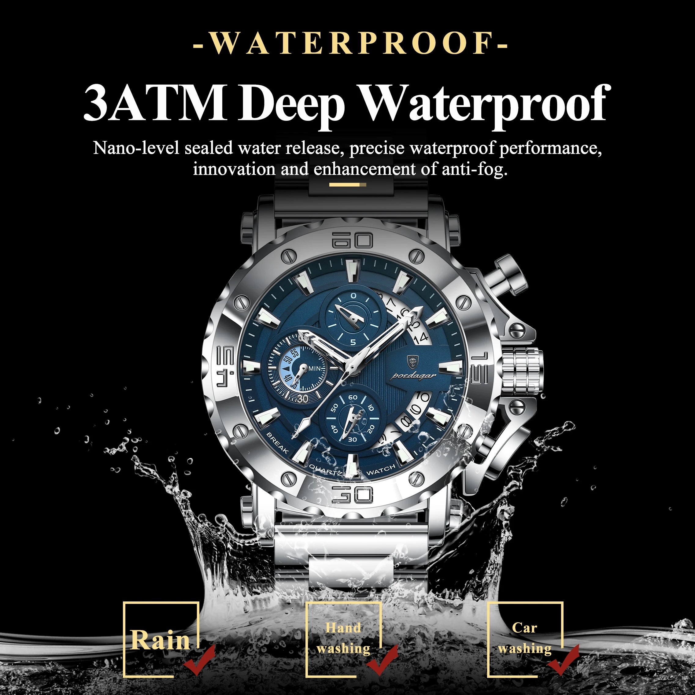 POEDAGAR 892 – Sport Chronograph Stainless Steel Watch
